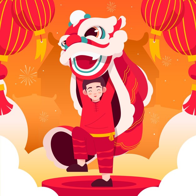 Ilustración de danza del león de año nuevo chino plano