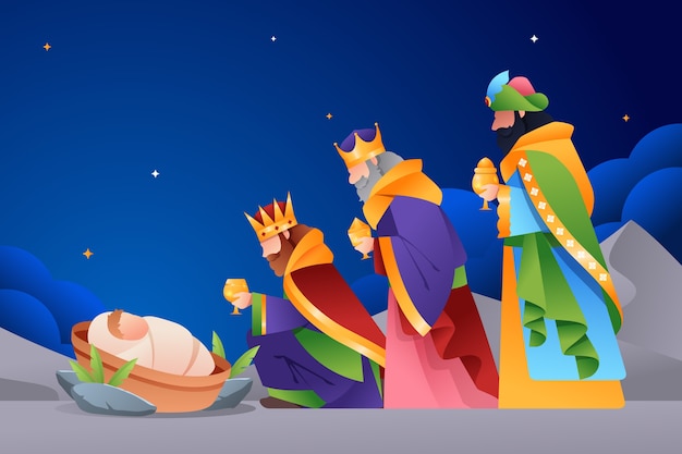 Ilustración degradada de reyes magos llegando al belén