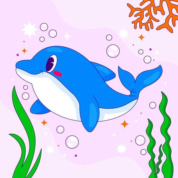 Ilustración de delfines de dibujos animados dibujados a mano