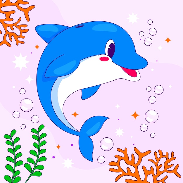 Ilustración de delfines de dibujos animados dibujados a mano