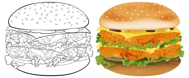 Ilustración de una deliciosa hamburguesa de pollo doble