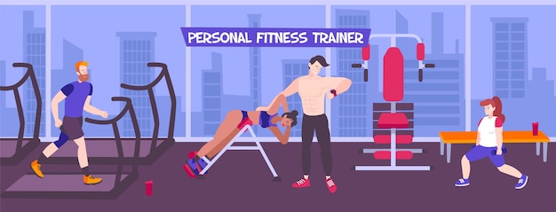 Ilustración deportiva de entrenador personal con vista interior de la sala de fitness con ventanas panorámicas, paisaje urbano y personas