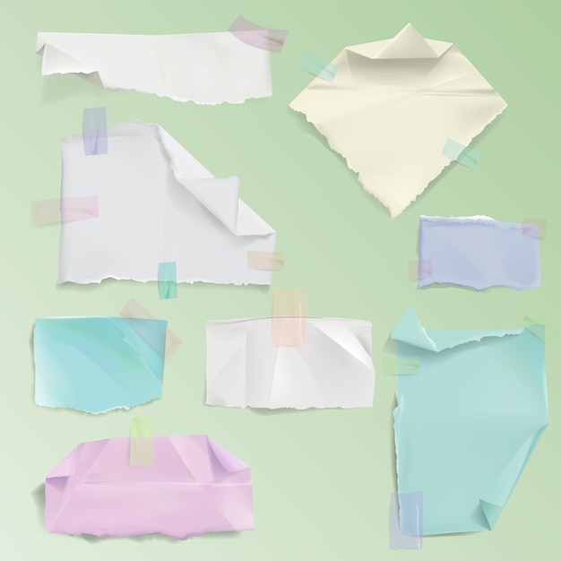 Ilustración de desechos de página de papel de hojas rasgadas en blanco realistas o fragmentos deshilachados