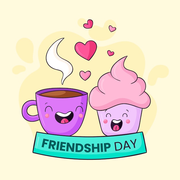 Ilustración del día de la amistad dibujada a mano con café y cupcake