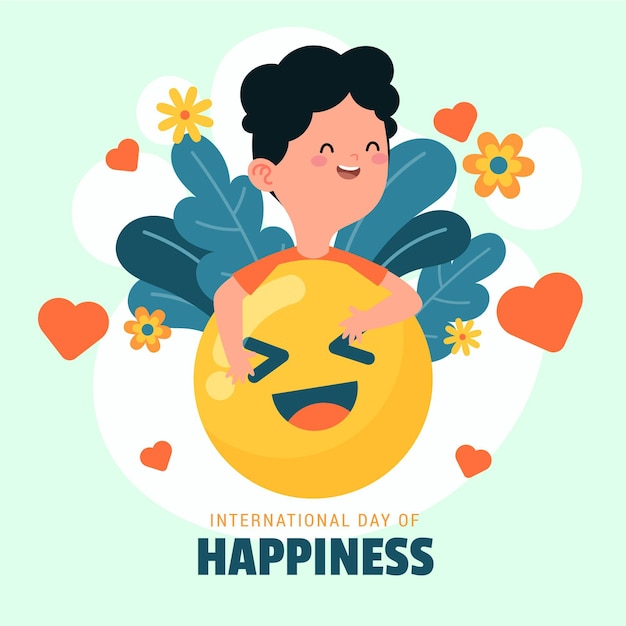 Ilustración del día internacional de la felicidad con emoji y persona