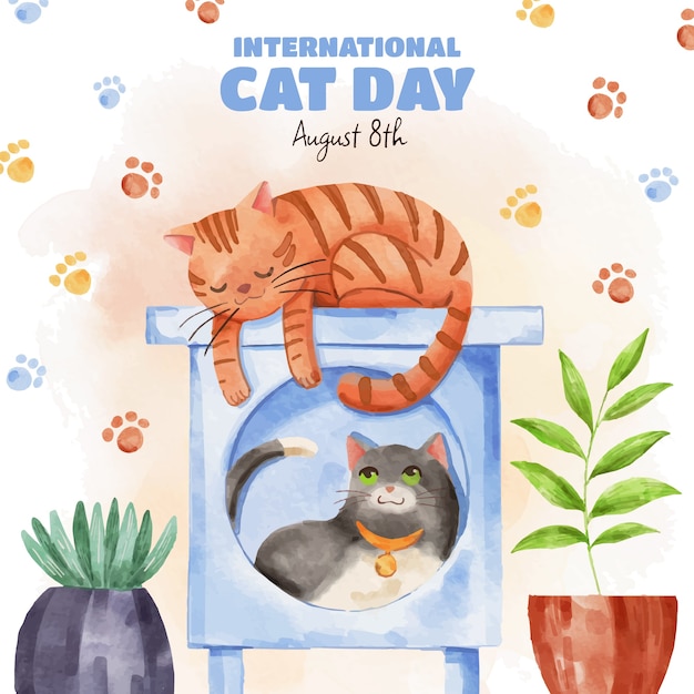 Ilustración del día internacional del gato en acuarela con gatos