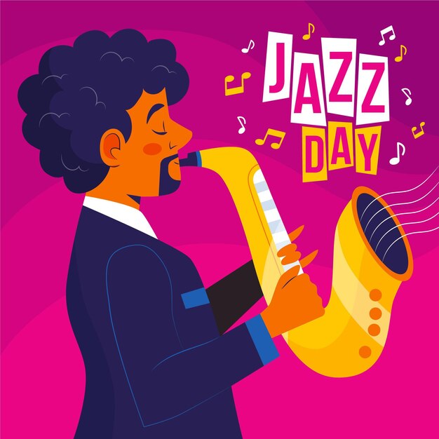Ilustración del día internacional del jazz con hombre y saxofón.