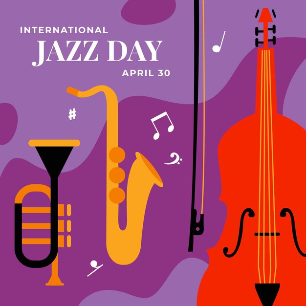Ilustración del día internacional del jazz con saxofón y bajo.