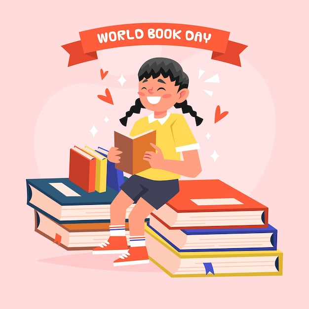 Ilustración del día mundial del libro de dibujos animados con mujer feliz leyendo