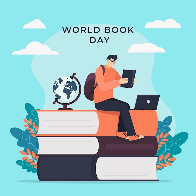 Vector gratuito ilustración del día mundial del libro con hombre leyendo un libro