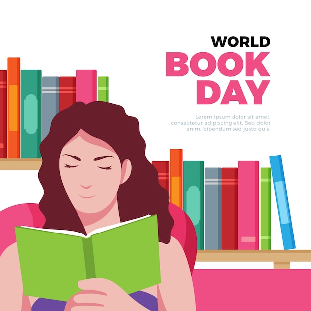 Ilustración del día mundial del libro con lectura de mujer