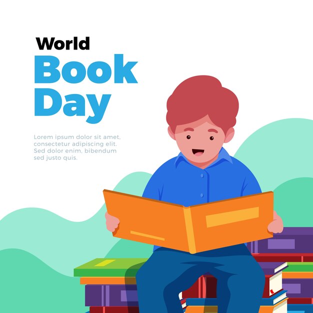 Ilustración del día mundial del libro con niño leyendo