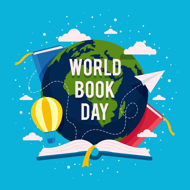 Ilustración del día mundial del libro con planeta y libros