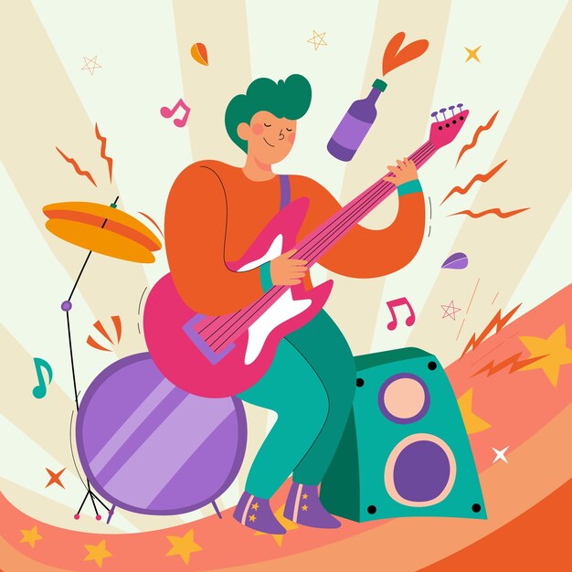 Ilustración del día mundial del rock dibujada a mano con una persona tocando la guitarra en concierto