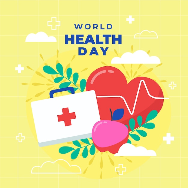 Vector gratuito ilustración del día mundial de la salud con corazón y botiquín de primeros auxilios