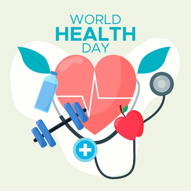 Ilustración del día mundial de la salud con corazón y mancuernas