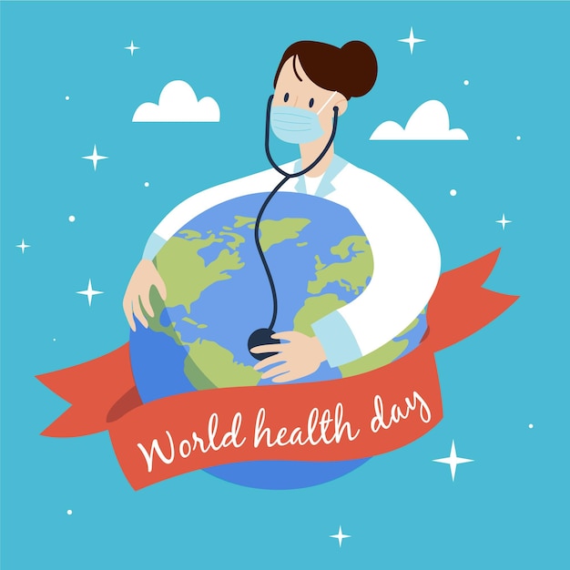 Ilustración del día mundial de la salud con doctora consultando el planeta