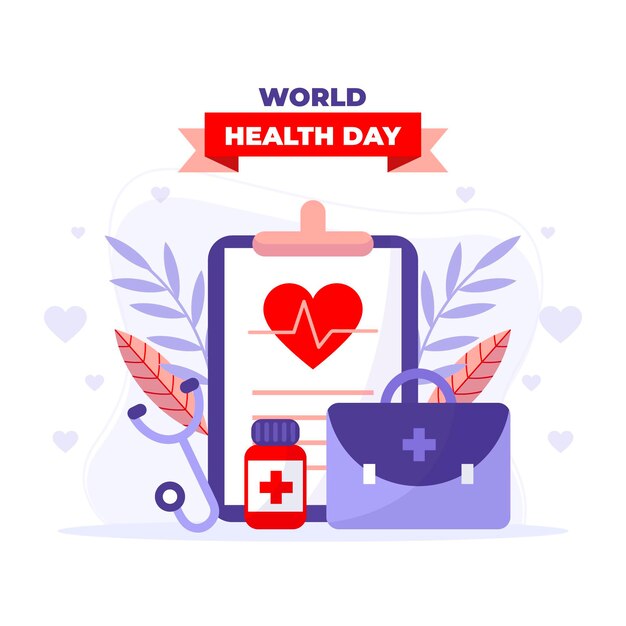 Ilustración del día mundial de la salud con portapapeles y botiquín de primeros auxilios
