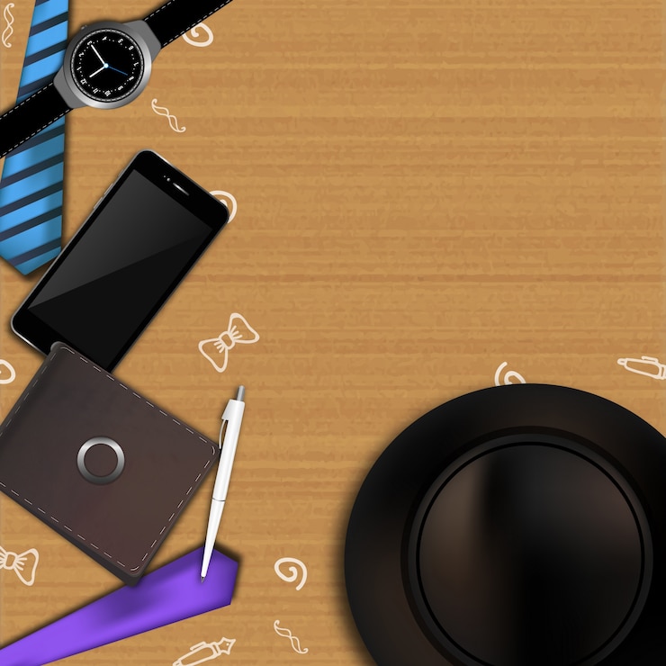 Vector gratuito ilustración del día de los padres con billetera, móvil, reloj, corbata y sombrero y espacio para los deseos