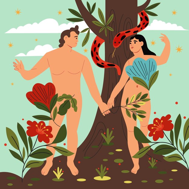Ilustración dibujada a mano de Adán y Eva
