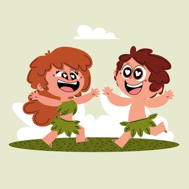 Ilustración dibujada a mano de Adán y Eva