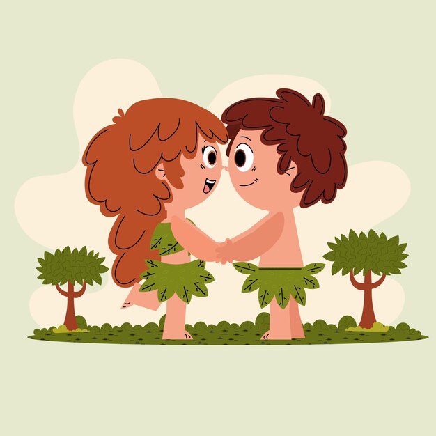 Ilustración dibujada a mano de Adán y Eva