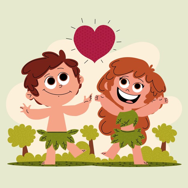 Ilustración dibujada a mano de Adán y Eva