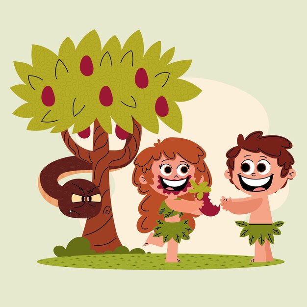 Ilustración dibujada a mano de Adán y Eva