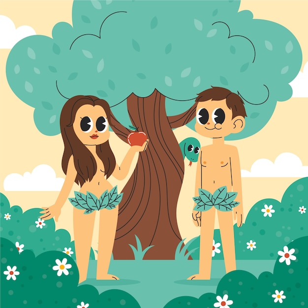 Ilustración dibujada a mano de Adán y Eva