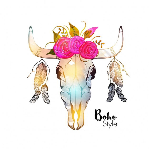 Ilustración dibujada a mano de la cabeza de toro colorida con flores hermosas y plumas étnicas.