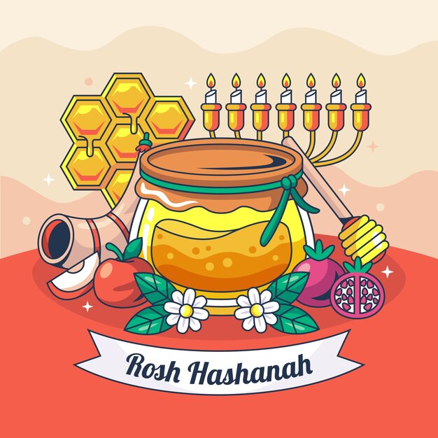 Ilustración dibujada a mano para la celebración del año nuevo judío de rosh hashaná
