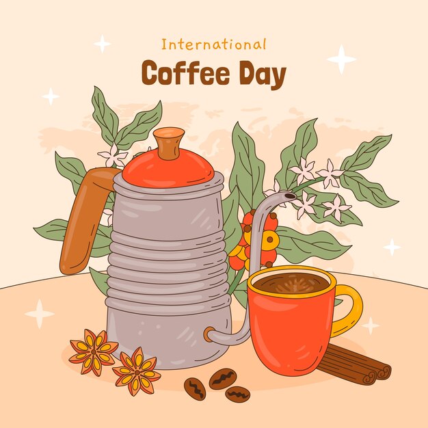 Ilustración dibujada a mano para la celebración del Día Internacional del Café