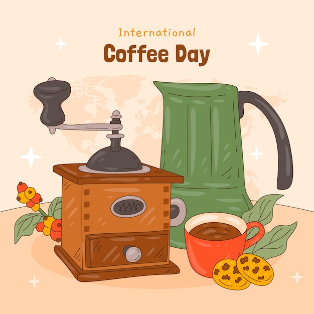 Vector gratuito ilustración dibujada a mano para la celebración del día internacional del café