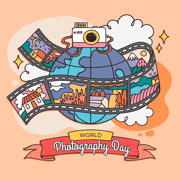 Vector gratuito ilustración dibujada a mano para la celebración del día mundial de la fotografía