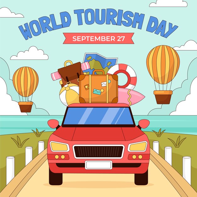 Ilustración dibujada a mano para la celebración del Día Mundial del Turismo