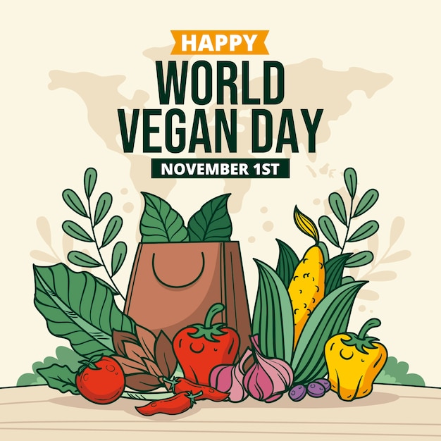 Vector gratuito ilustración dibujada a mano para la celebración del día mundial del vegano.