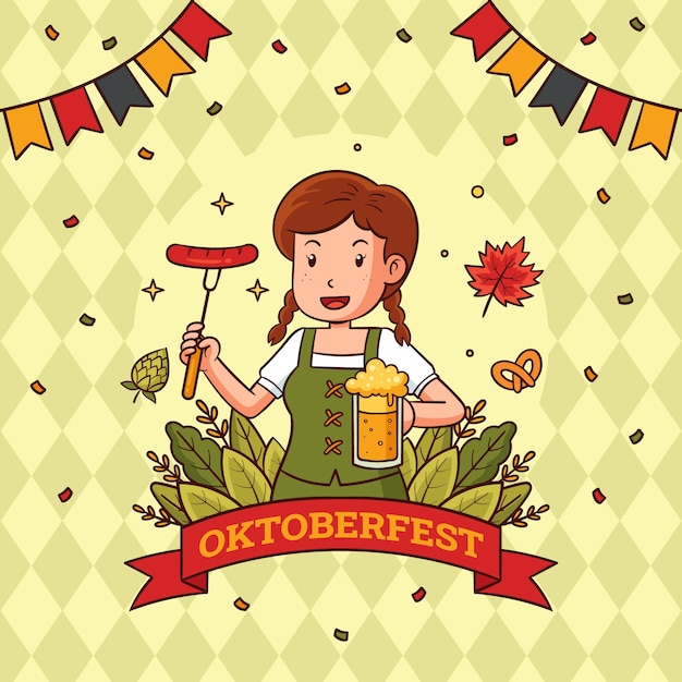 Vector gratuito ilustración dibujada a mano para la celebración del festival de la cerveza oktoberfest