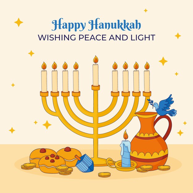 Ilustración dibujada a mano para la celebración de hanukkah con menorá y vela