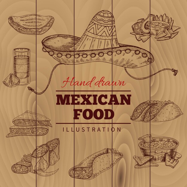 Ilustración dibujada a mano de comida mexicana