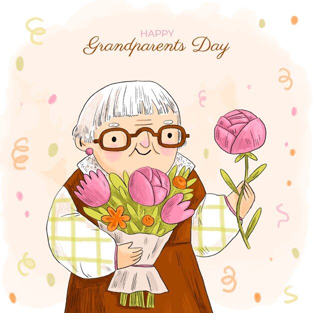 Ilustración dibujada a mano del día de los abuelos con la abuela sosteniendo flores