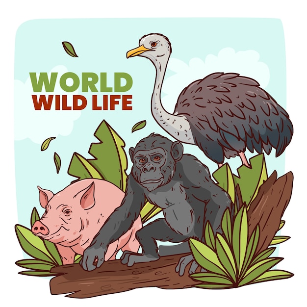 Ilustración dibujada a mano para el Día Mundial de la Vida Silvestre
