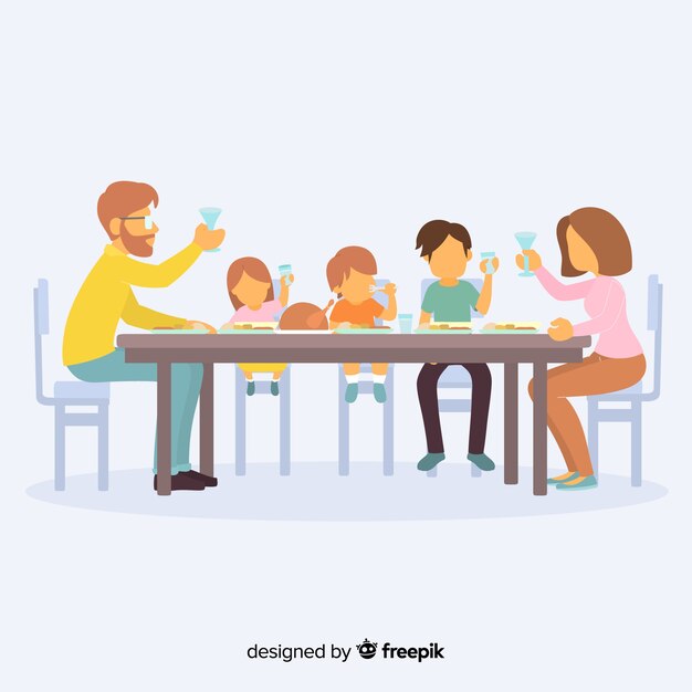 Ilustración dibujada a mano familia sentada alrededor de la mesa