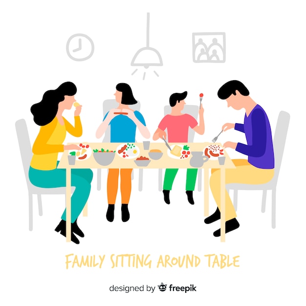 Ilustración dibujada a mano familia sentada alrededor de la mesa