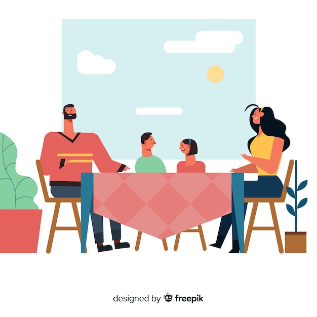 Ilustración dibujada a mano familia sentada alrededor de la mesa