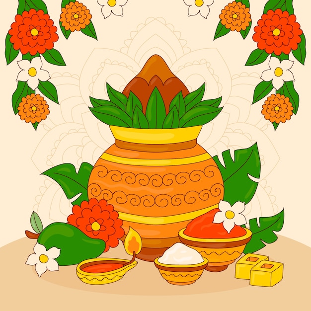 Ilustración dibujada a mano para el festival ugadi