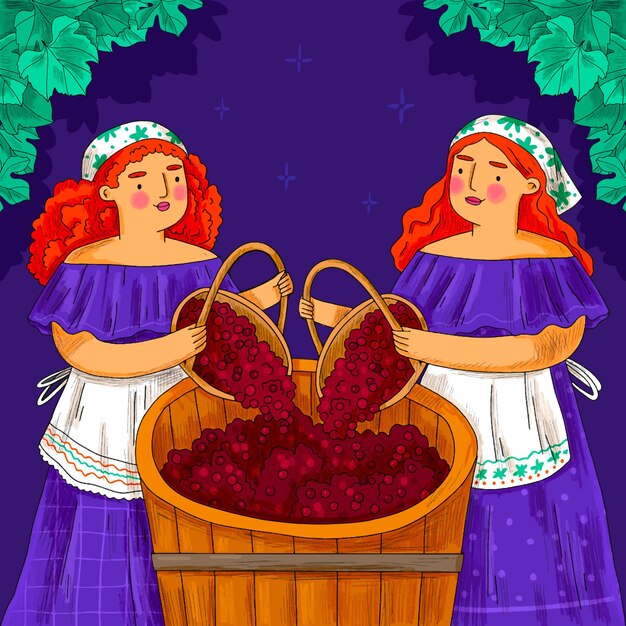 Ilustración dibujada a mano de la fiesta de la vendimia