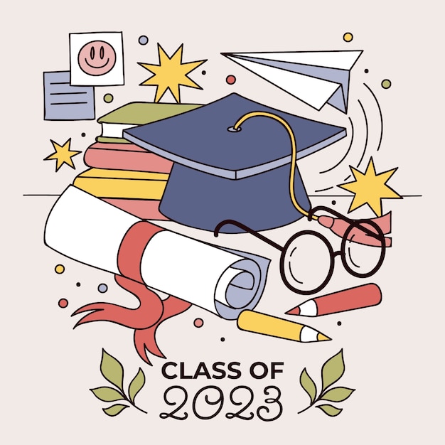 Vector gratuito ilustración dibujada a mano para la graduación de la clase 2023