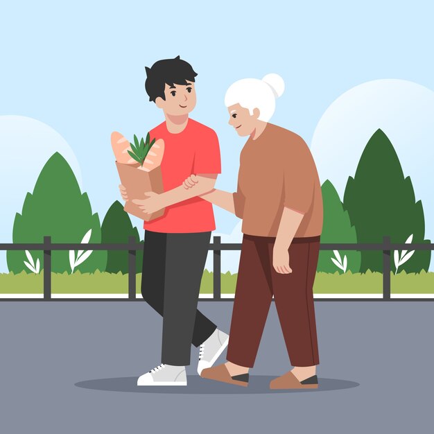 Ilustración dibujada a mano de jóvenes ayudando a los ancianos