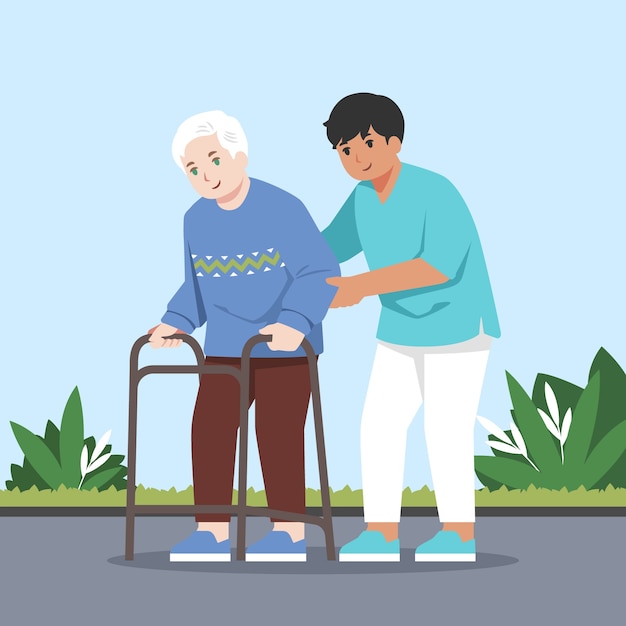 Ilustración dibujada a mano de jóvenes ayudando a los ancianos