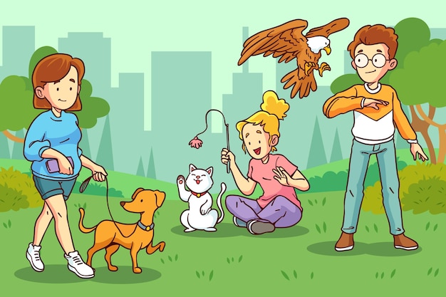Ilustración dibujada a mano de personas con mascotas
